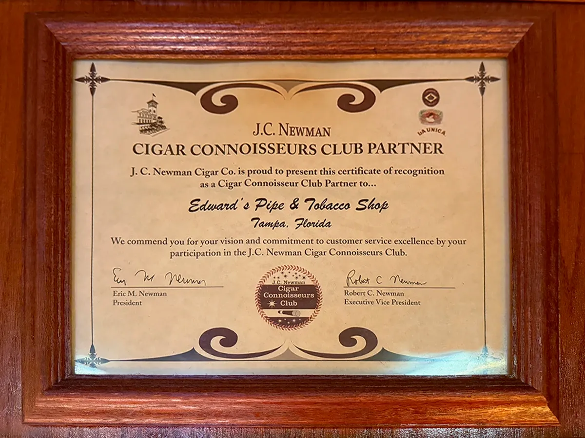 J.C. Newman Cigar Connoisseurs Club Partner Certificate